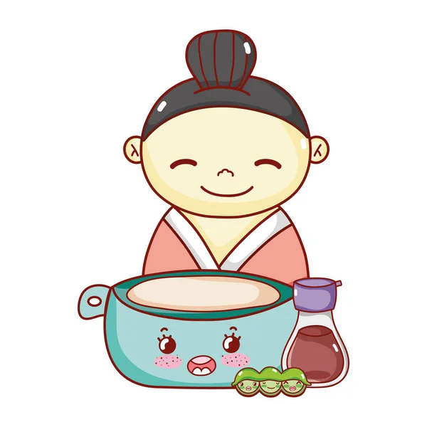 Geisha with bowl sake and peas kawaii food japanese cartoon, sushi and rolls — Stockvektor