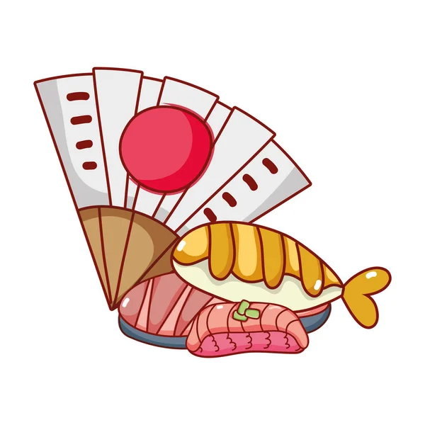 Fan and sushi rice fish kawaii food japanese cartoon, sushi and rolls — Stock Vector