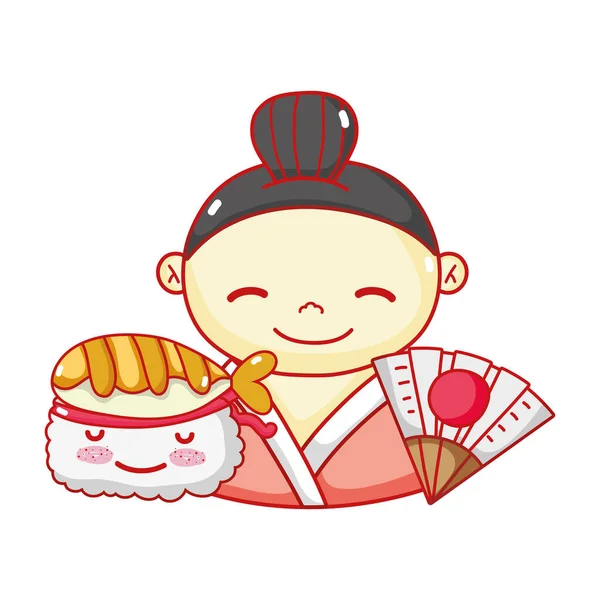 Geyşa suhsi kawaii yemek Japon hayran çizgi filmi, suşi ve rulo — Stok Vektör