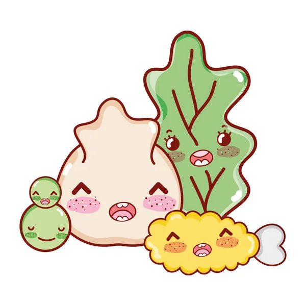 Poulet kawaii tempura légumes et boulettes dessin animé japonais, sushi et petits pains — Image vectorielle