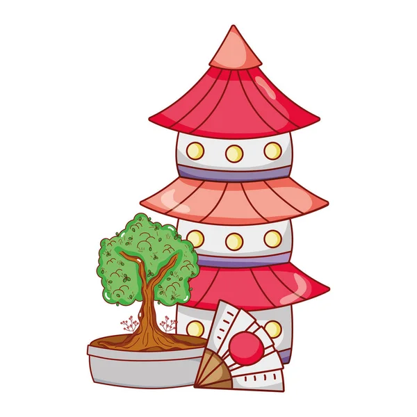 Pagode fan et bonsaï arbre Japonais dessin animé — Image vectorielle