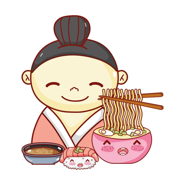 Gejša s nudlemi polévka sushi a omáčka jídlo japonské kreslené, sushi a rolky — Stockový vektor