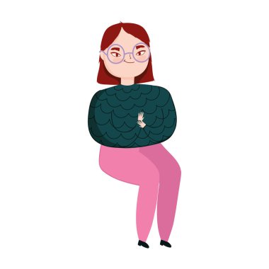 Oturan genç kadın jest karakteri izole simgesi