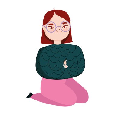 Dizlerinde gözlüklü genç kadın karakter ikonu