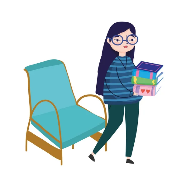 Молода жінка, що носить книги та меблі для стільців, день книги — стоковий вектор