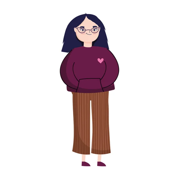 Jonge vrouw met bril staande karakter geïsoleerd pictogram — Stockvector