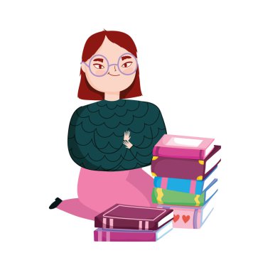Dizlerinin üstüne çöküp kitap okuyan genç bir kadın. Kitap günü.