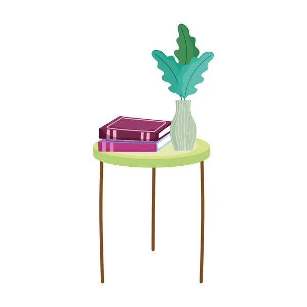 Día del libro, mesa con libros y planta en decoración de jarrones — Vector de stock