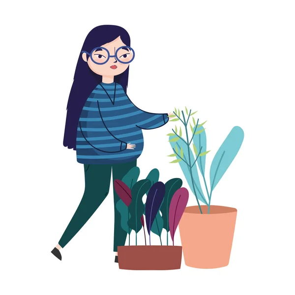 Mujer joven con gafas y macetas decoración de plantas — Vector de stock