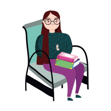 Kitapları bacaklarında oturan genç bir kadın, kitap günü.