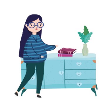 Genç kadın kitapları mobilya saksısında saksı, kitap günü