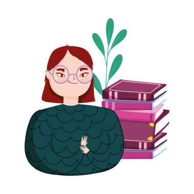 Kitap yığını olan genç bir kadın, kitap günü.