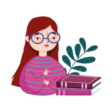 Gözlük takan ve kitapları istifleyen genç bir kadın doğayı, kitap gününü,