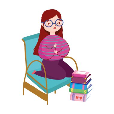 Genç kadın gözlük takıyor ve kitaplarını yere yığıyor, kitap günü