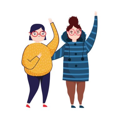 Genç kadınlar el sallıyor.