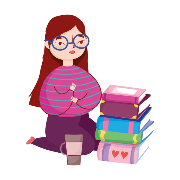 Młoda kobieta na kolanach z książkami i filiżanką kawy, dzień książki — Wektor stockowy