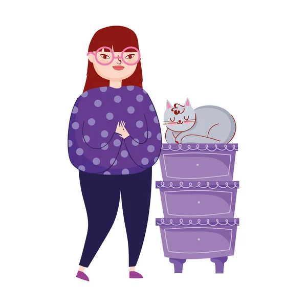 Mujer joven con gato en cajones de muebles — Vector de stock