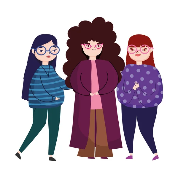 Jovem grupo de mulheres com óculos personagem feminina ícone isolado — Vetor de Stock