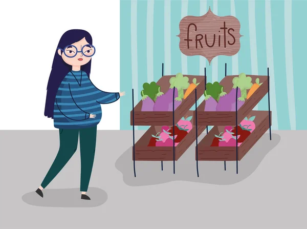 Ung kvinne med hyllemarked med frukt – stockvektor