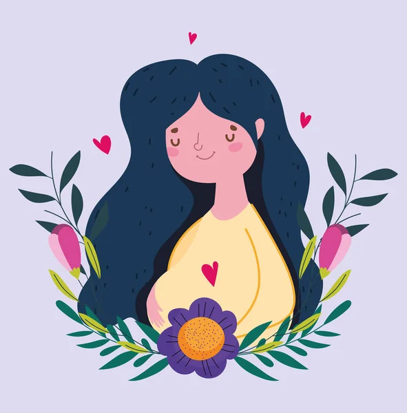 Gelukkig moeders dag, vrouw bloem gebladerte harten liefde decoratie kaart — Stockvector