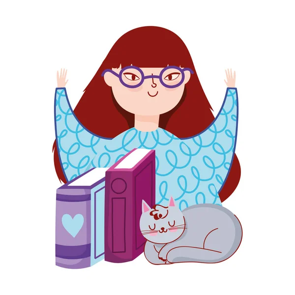 Mujer joven con gafas libros y gato gris, día del libro — Archivo Imágenes Vectoriales