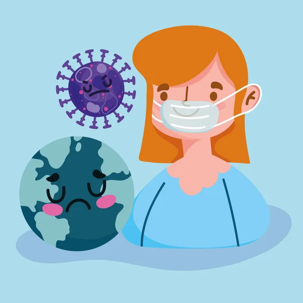 Virus covid 19 pandemi, flicka med medicinsk mask sjuk värld — Stock vektor