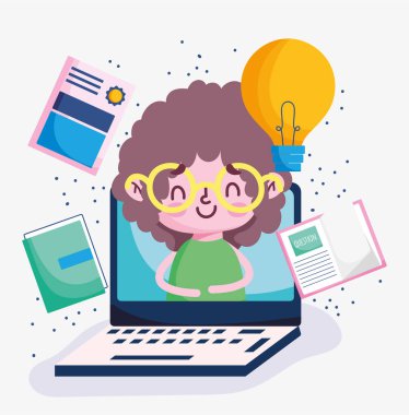 Eğitim online, bilgisayar kitaplarındaki küçük çocuk yaratıcılık, koronavirüs salgını