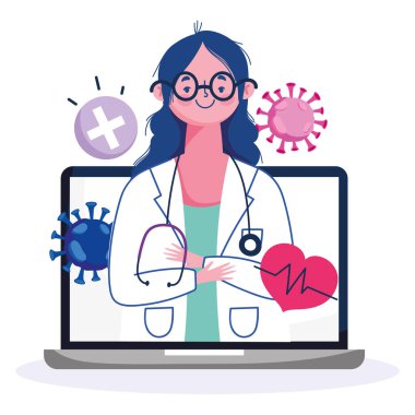 Çevrimiçi sağlık, dizüstü bilgisayarda kadın doktor tanı kitabı 19 salgını