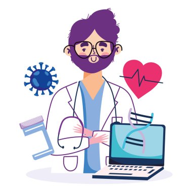 Çevrimiçi sağlık, doktor dizüstü bilgisayar ilaç, şişe koruması, covid 19 salgın hastalık
