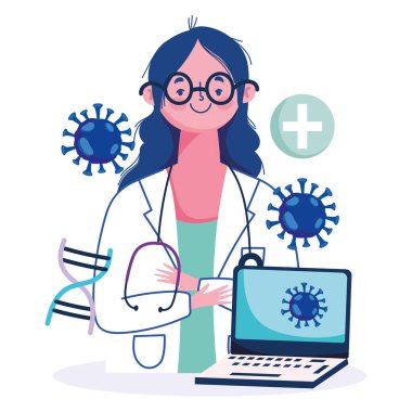 Çevrimiçi sağlık, kadın doktor profesyonel laptop desteği covid 19 salgını