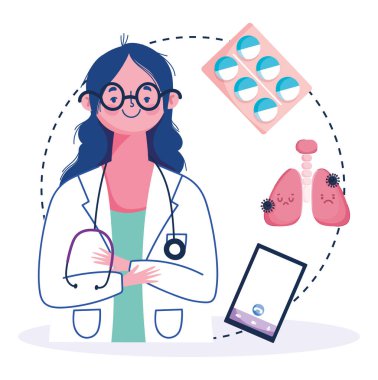 Çevrimiçi sağlık, kadın doktor akıllı telefon zatürree ilacı covid 19 salgın hastalık