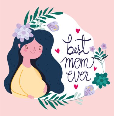 Mutlu anneler günü, saçları çiçekli hamile bir kadın dekorasyon kartını seviyor.