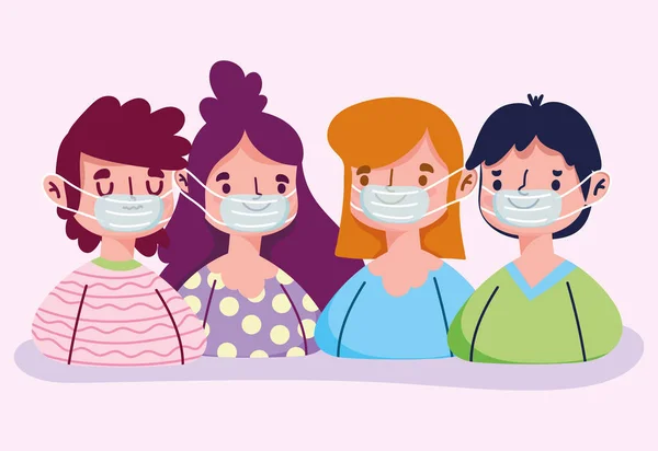 Virus covid 19 pandémie, les jeunes portant un masque de protection médicale — Image vectorielle