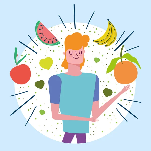 Hombre joven con frutas tropicales nutrición vida saludable — Vector de stock