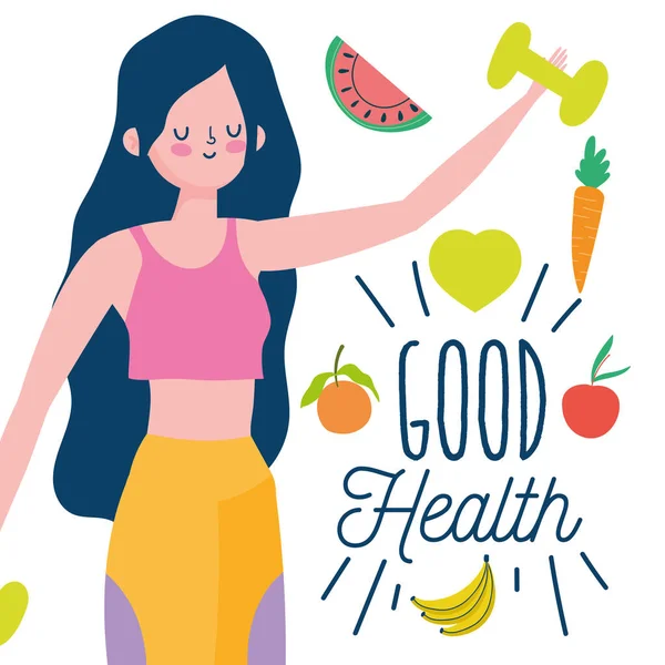 Wanita dengan gym dumbbell dan buah-buahan segar hidup sehat - Stok Vektor