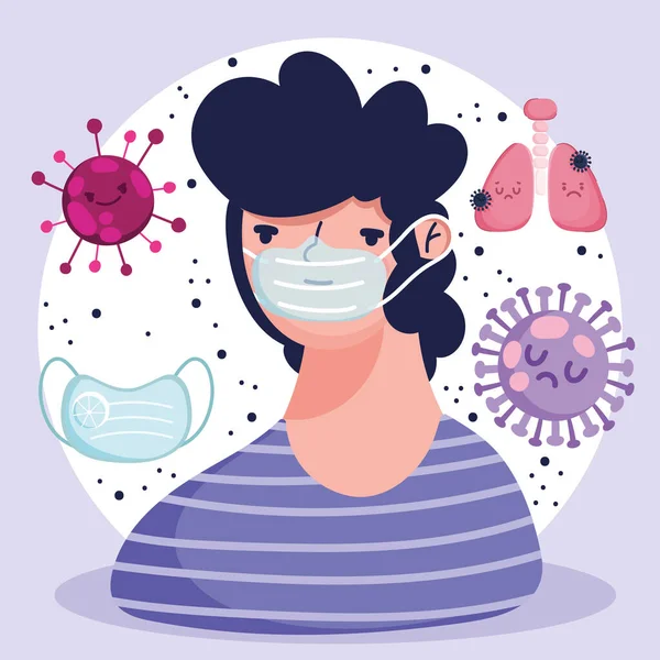 Vírus covid 19 pandemia, homem dos desenhos animados com máscara protetora pulmão doente — Vetor de Stock