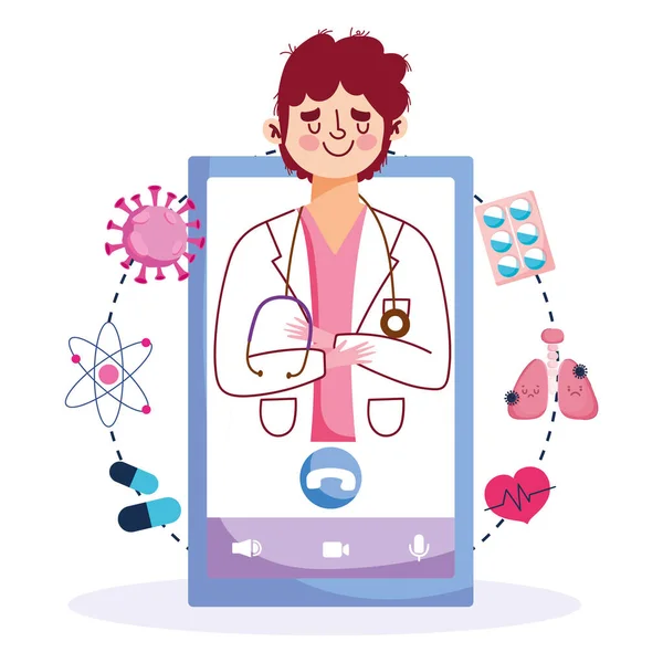 Salud en línea, teléfono inteligente médico asistencia virtual covid 19 pandemia — Vector de stock