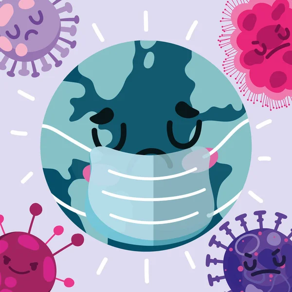Virus covid 19 pandemi, sjuk värld med skyddsmask — Stock vektor