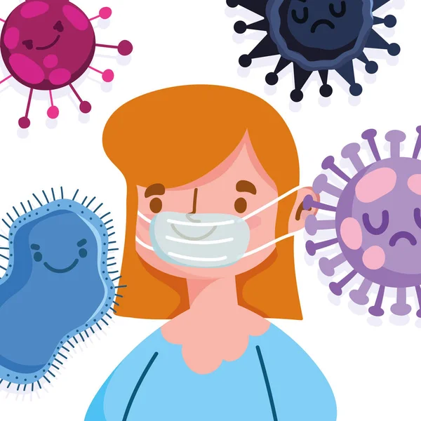 Virüs covid 19 salgını, tıbbi koruma maskesi olan kız, solunum yolu. — Stok Vektör