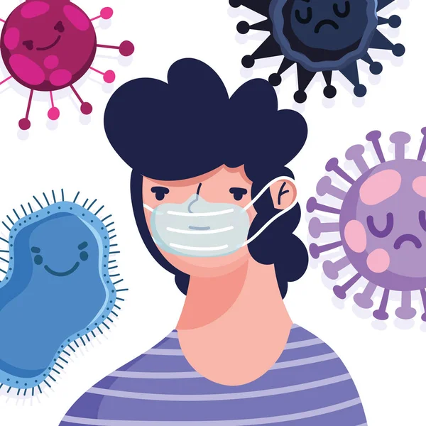 Virus covid 19 pandemie, kreslený muž s ochrannou maskou — Stockový vektor