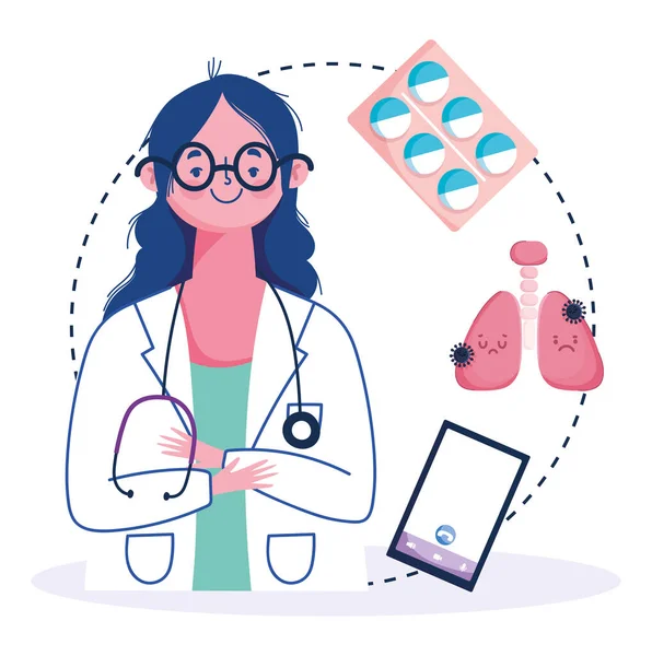 Online υγεία, γυναίκα γιατρός smartphone πνευμονία ιατρική covid 19 πανδημία — Διανυσματικό Αρχείο