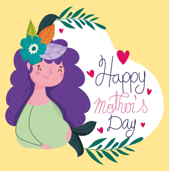 Feliz dia das mães, mulher com arranjo de flores na cabeça decoração floral —  Vetores de Stock