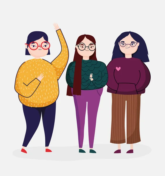 Τρεις άνθρωποι γυναικών χαρακτήρα με casual ρούχα αναψυχής — Διανυσματικό Αρχείο