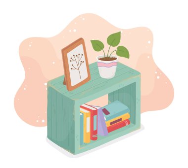 Güzel ev kitapları çerçeveli saksı çiçekli resim