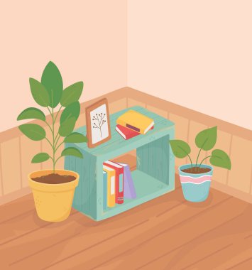 Otun içindeki ev bitkileri. Kitaplık çerçevesi. Ahşap zemin.