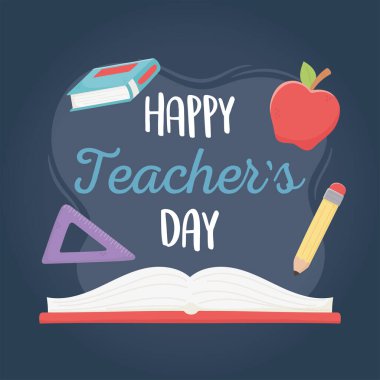 Mutlu öğretmenler günü, okul kitabı elma cetveli ve kalem.