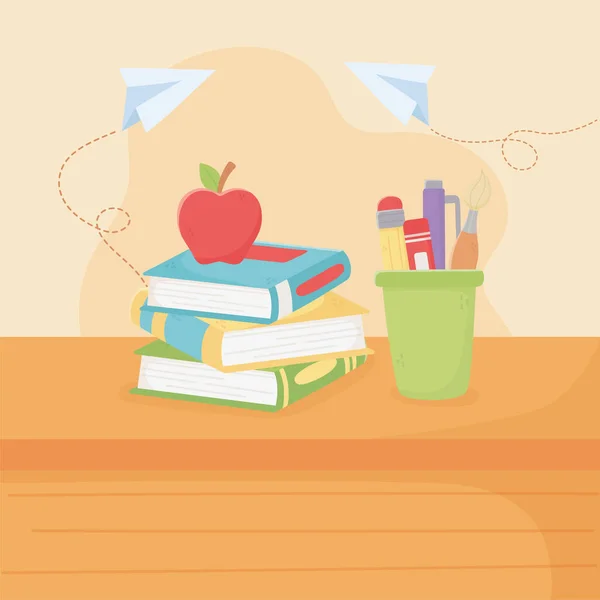 Öğretmenler günün kutlu olsun, okul elması ve kitaplar. — Stok Vektör