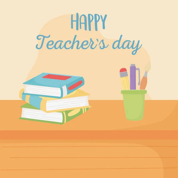 Öğretmenler günün kutlu olsun, kitapları ve kalemleri masaya istifle. — Stok Vektör
