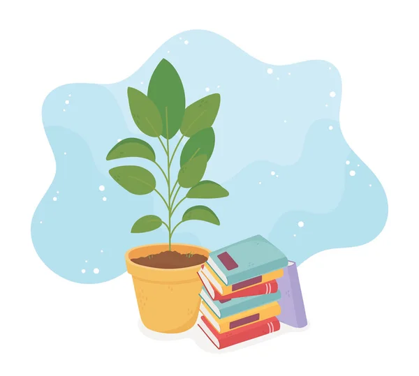 Süße Topfpflanze und Bücher stapeln — Stockvektor