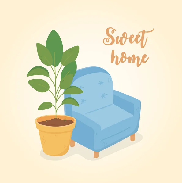 Sweet home blue sofa potted plant decoration — Stock Vector